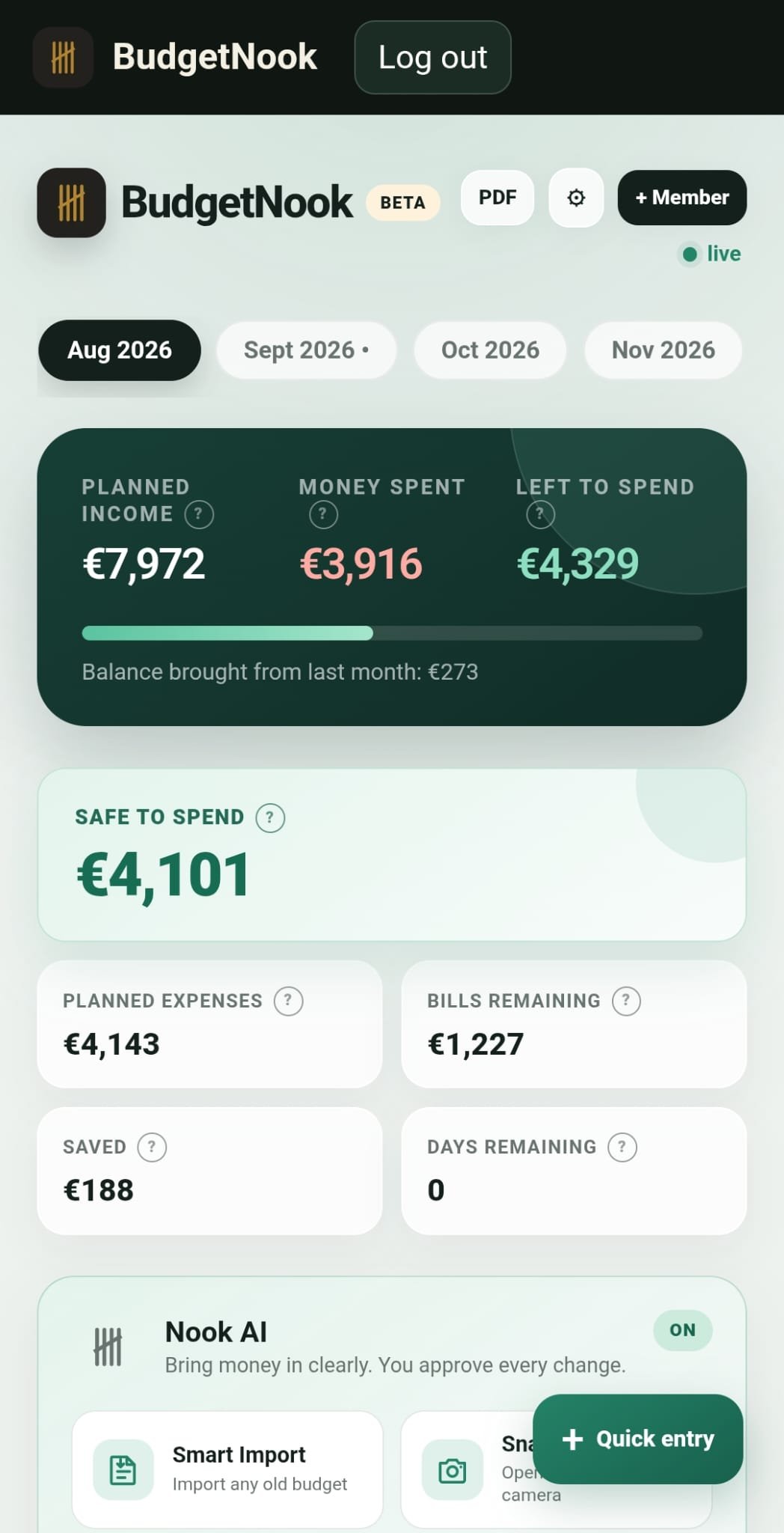 BudgetNook dashboard on a phone
